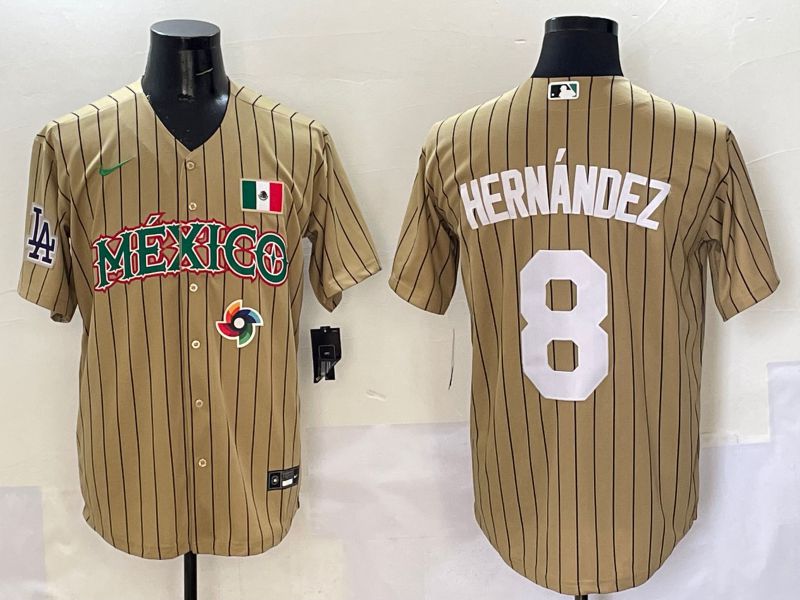 Men Los Angeles Dodgers #8 Hernandez Brown Stripe Mexico Joint Name 2025 Nike MLB Jersey style 5